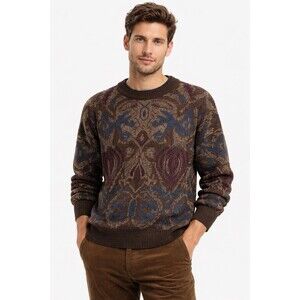 Vintage Wrights Bridge Mens L Wool Blend Crewneck Patterned Sweater Retro